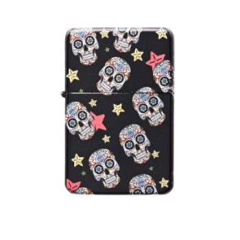 Czarna Zapalniczka Benzynowa z Kolorowymi Czaszkami i Żółtymi Gwiazdkami