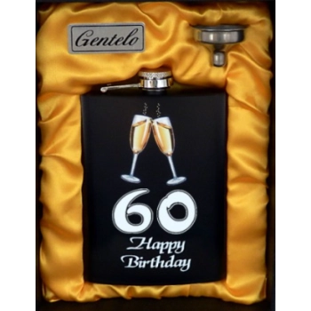 Czarna Piersiówka z Nadrukiem na 60 Urodziny pod Prezent ''Happy Birthday''