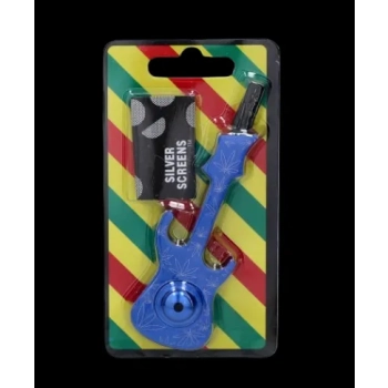 Fajka Fifka Lufka Metalowa w Kształcie Gitary 10,5 cm Niebieska + 5 Sitek