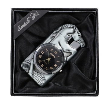 Srebrna Zapalniczka Gazowa z Zamontowanym Zegarkiem na Prezent Koń Gentelo