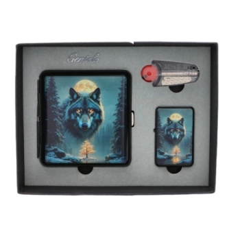 Zestaw Upominkowy z Motywem Wilka – papierośnica, zapalniczka i akcesoria