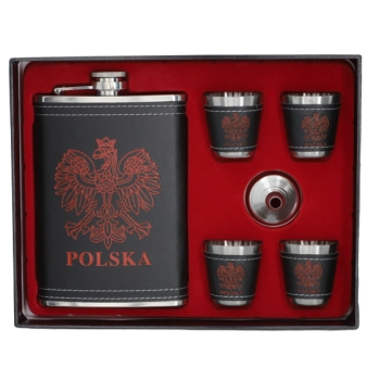 Elegancka Piersiówka ze Stali Nierdzewnej z Kieliszkami i Godłem Polski