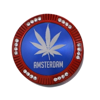 Grinder Młynek do Tytoniu „Amsterdam Blue” – czerwony rant z kryształkami