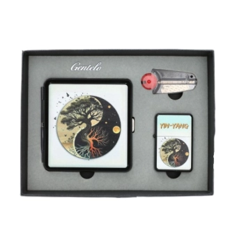 Zestaw Prezentowy Yin Yang Papierośnica + Zapalniczka + Kamienie i Knot