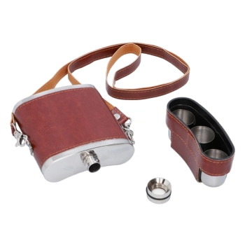 Elegancka Brązowa Piersiówka Obszyta Skórą w Zestawie z Kieliszkami w Etui