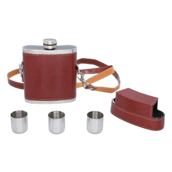 Elegancka Brązowa Piersiówka Obszyta Skórą w Zestawie z Kieliszkami w Etui