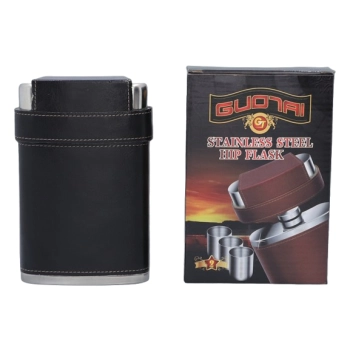 Elegancka Czarna Piersiówka Obszyta Skórą w Zestawie z Kieliszkami w Etui