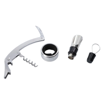 Zestaw do Wina w Kształcie Butelki – korkociąg, nalewak, korek, pierścień