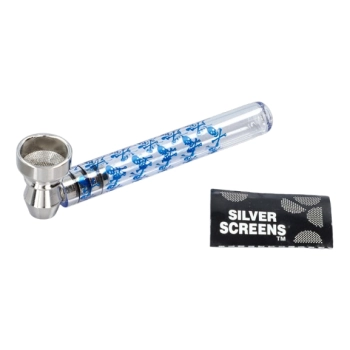 Cygarniczka Szklana Lufka w Oklejce Zestaw z 5 Sitkami Niebieska Czaszki