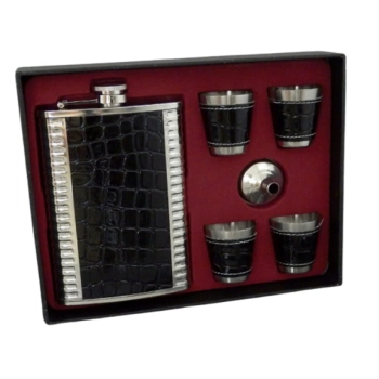 Srebrna Piersiówka Pokryta Ekoskórą + 4 Kieliszki i Lejek w Zestawie