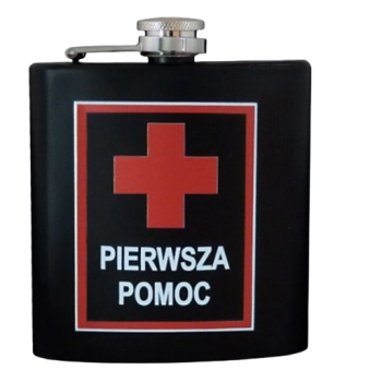 Elegancka Piersiówka Stalowa 180 ml z Napisem "Pierwsza Pomoc"