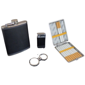 Zestaw Piersiówka + Papierośnica + Brelok + Długopis + Zapalniczka Żarowa