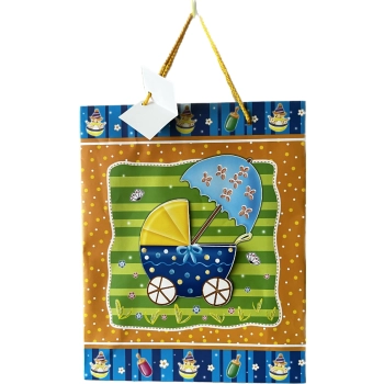 Kolorowa Torebka Prezentowa z Motywem Wózka Dziecięcego dla Młodych Mam - Idealna na Prezent, Oryginalne Opakowanie, Wymiary 36x32x8,5 cm, Waga 0,1 kg