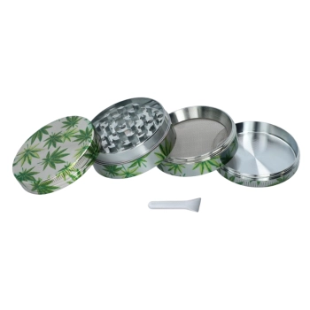 Srebrny Crusher Młynek do Tytoniu Grinder Metalowy z Zielonymi Listkami