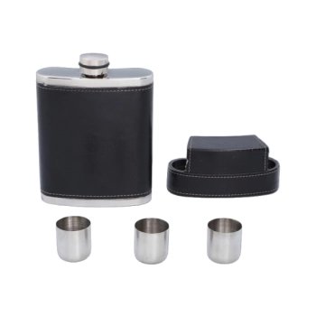 Elegancka Czarna Piersiówka Obszyta Skórą w Zestawie z Kieliszkami w Etui