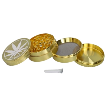 Złoty Crusher Młynek do Tytoniu Grinder Metalowy z Napisem GRASS LEAF
