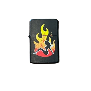 Zapalniczka Benzynowa z Sylwetką Dziewczyny w żółto-pomarańczowym Płomieniu