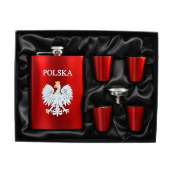 Czerwona Piersiówka z Godłem Polski w Zestawie z Kieliszkami i Lejkiem