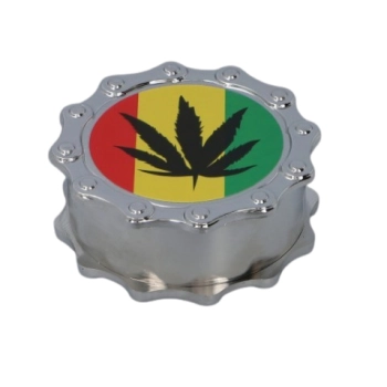 Srebrny Grinder Młynek do Suszu Tytoniu Ziół Rasta Paski z Czarnym Liściem