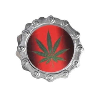 Srebrny Grinder Młynek do Suszu Tytoniu Zielony Liść na Czerwonym Tle