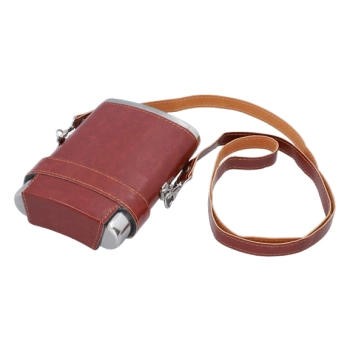 Elegancka Brązowa Piersiówka Obszyta Skórą w Zestawie z Kieliszkami w Etui