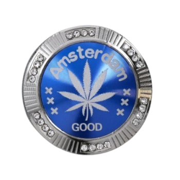 Grinder Młynek do Tytoniu „Amsterdam Good” – srebrny z liściem konopi