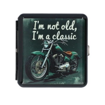 Metalowa Papierośnica z Nadrukiem Zielonego Motocykla w Stylu Retro