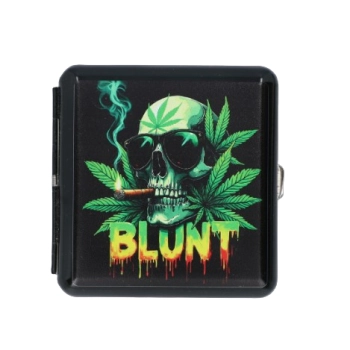 Metalowa Papierośnica z Nadrukiem Czachy z Zielonymi Liśćmi i napisem BLUNT
