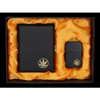 Zestaw Prezentowy Zapalniczka i Papierośnica Czarna z Listkiem Gentelo