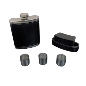 Elegancka Piersiówka 10  OZ ok. 300 ml Obszyta Skórą z Kieliszkami w Etui