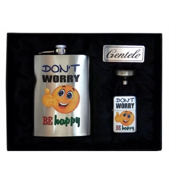 Zestaw Piersiówka + Zapalniczka Benzynowa "DON'T WORRY BE HAPPY" Gentelo