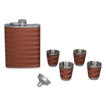 Elegancka Brązowa Piersiówka Obszyta Skórą w Zestawie z Kieliszkami Gentelo