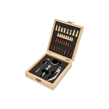 Zestaw z Kompletem Akcesoriów do Wina z Szachami w Drewnianym Pudełku