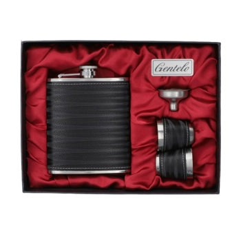 Elegancka Czarna Piersiówka Obszyta Skórą w Zestawie z Kieliszkami Gentelo