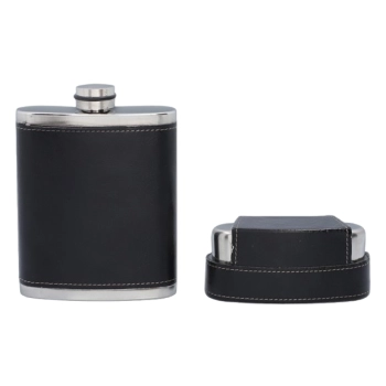 Elegancka Czarna Piersiówka Obszyta Skórą w Zestawie z Kieliszkami w Etui