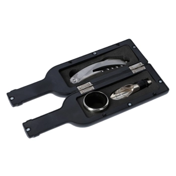 Zestaw do Wina w Kształcie Butelki – korkociąg, nalewak, korek, pierścień