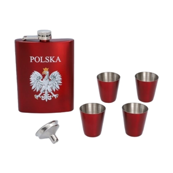 Czerwona Piersiówka z Godłem Polski w Zestawie z Kieliszkami i Lejkiem