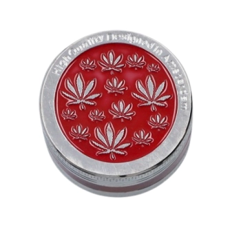 Młynek do Tytoniu Ziół Suszu Grinder Srebrno-Czerwony z Listkami Marihuany